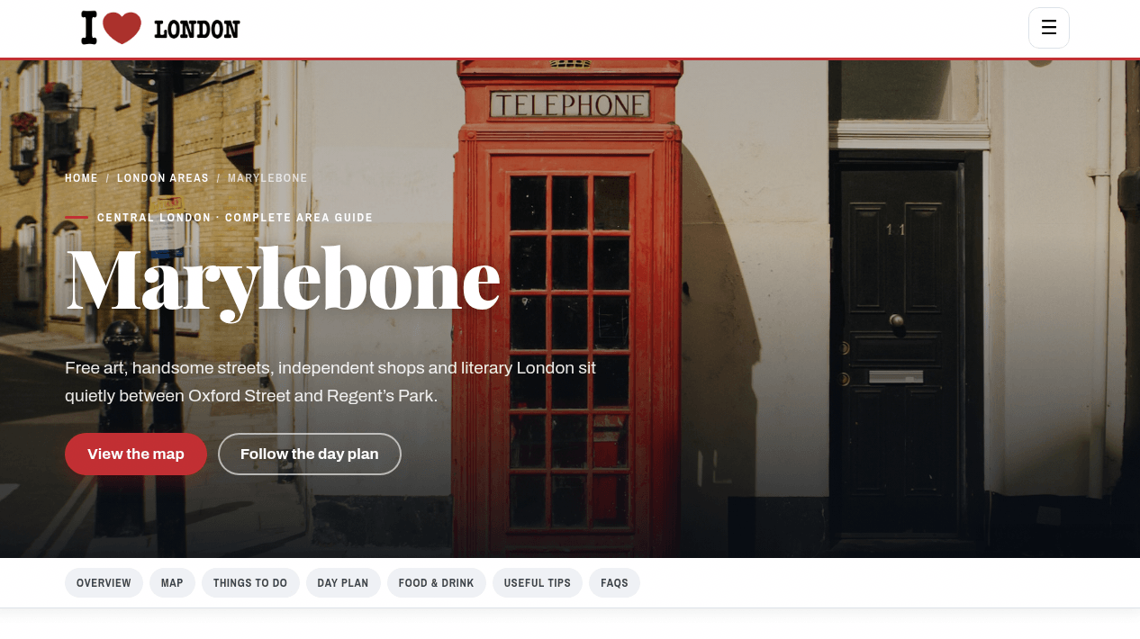 The top of the Marylebone area guide on I Love London, showing the guide title, introduction and its section menu.