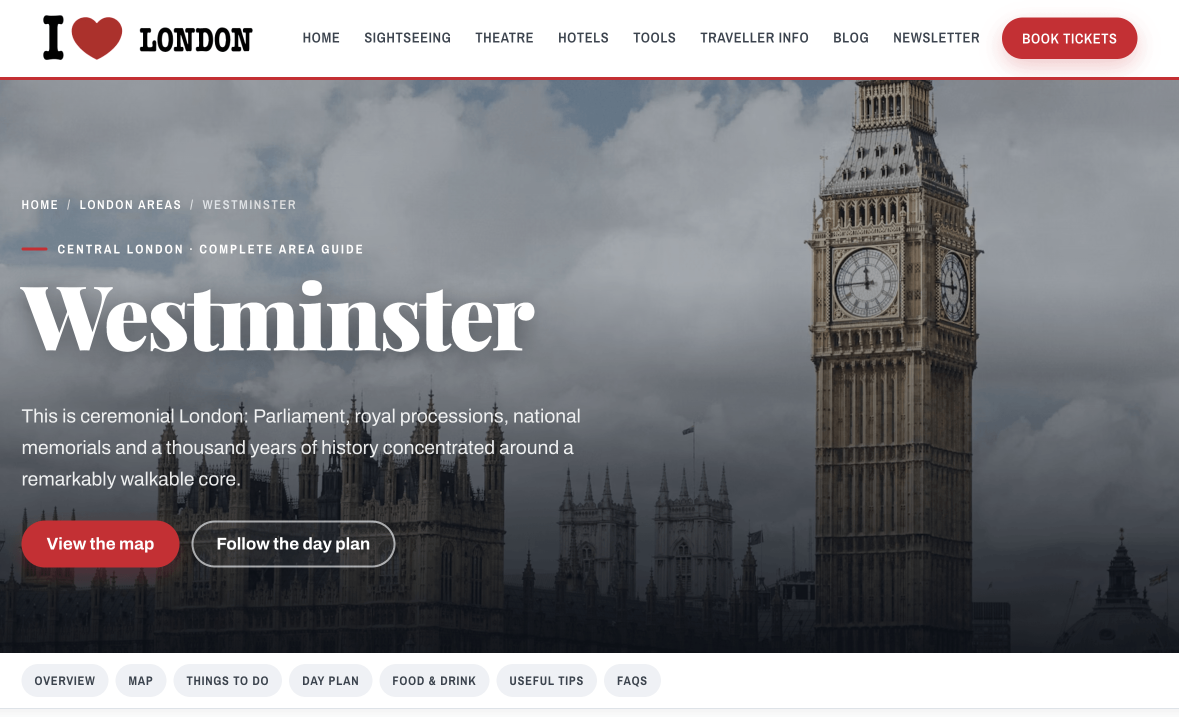 The top of the Westminster area guide on I Love London, showing the guide title, introduction and its section menu.